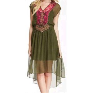 Haute Hippie Green Sheer dress M beaded boho bohemian designer pink embroidered
